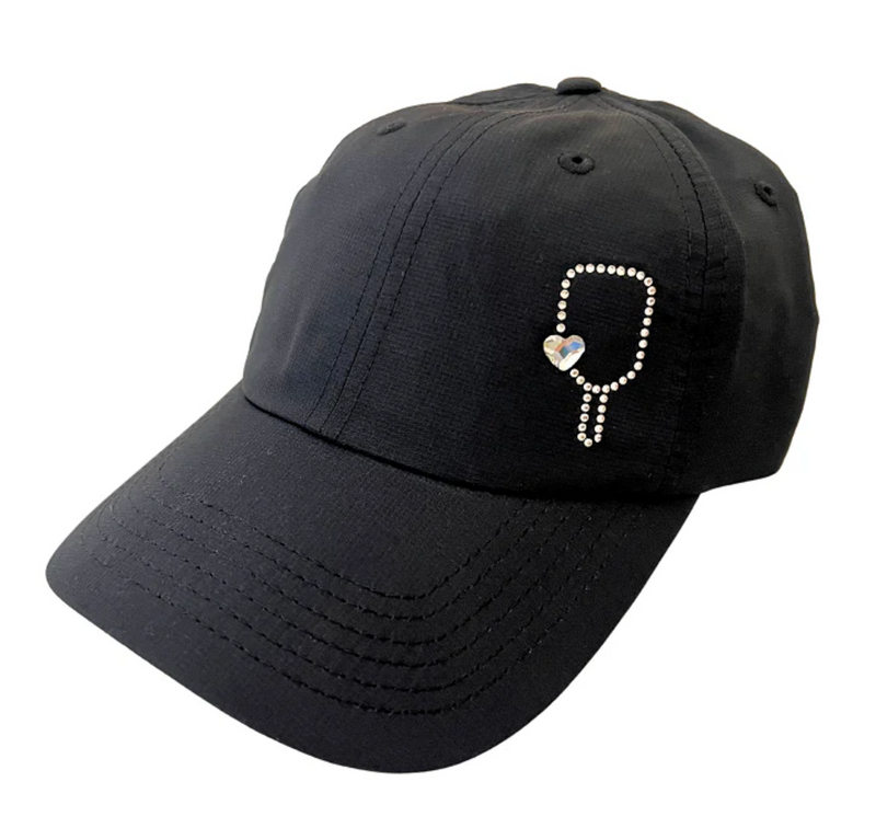 Dolly Mama: Ladies Kim High-Pony Crystal Cap - Pickleball Paddle and Heart Hats