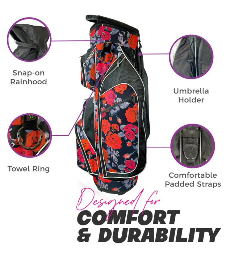 Taboo Fashions: Ladies 14 Way Designer Women's Golf Cart Bag with Cooler - Red Roses