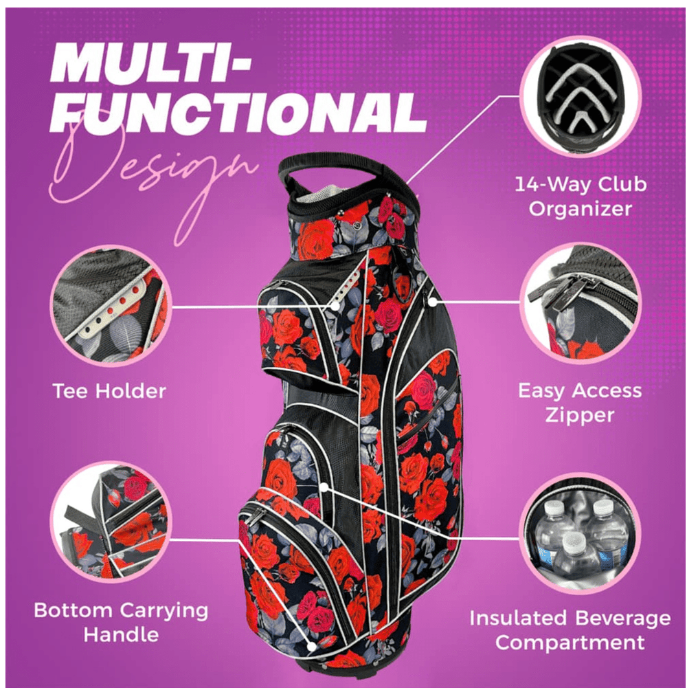 Ladies Red Roses 14 Way Designer Women's Golf Cart Bag with Cooler