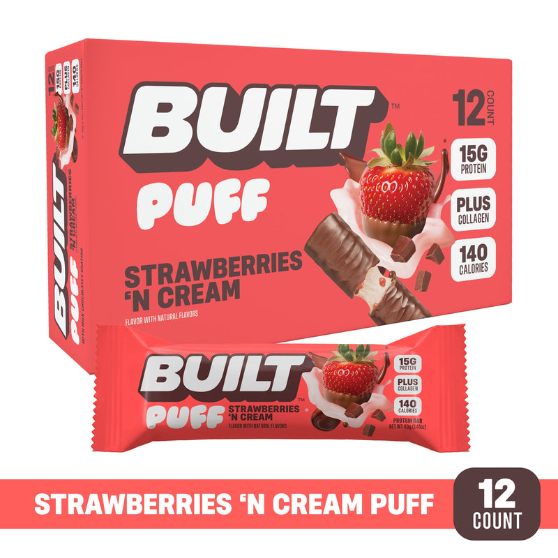 Strawberries 'N Cream Puff Protein Bars (Box of 12) by Built