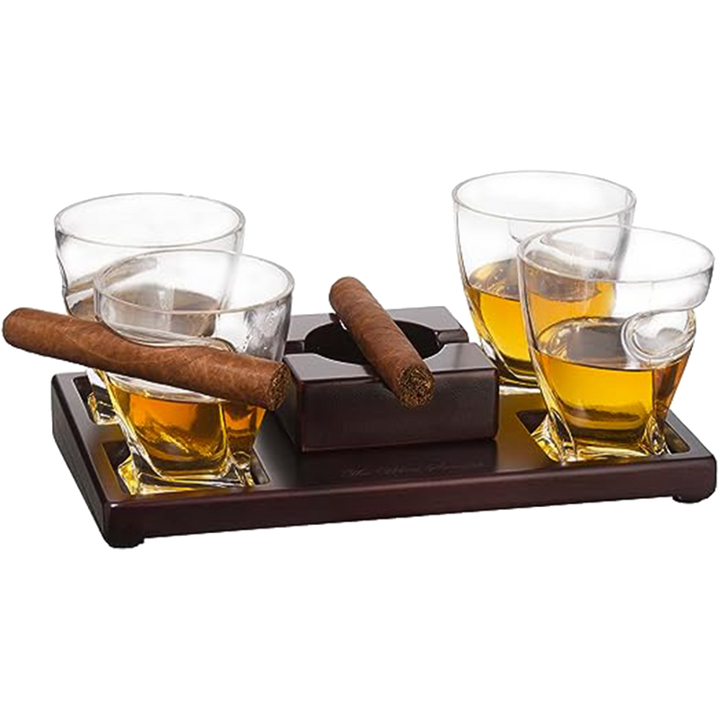 The Wine Savant Cigar Glasses Tray & Ash Tray, 4 Whiskey Cigar Glasses Slot to Hold Cigar, Whiskey Glass Gift Set, Cigar Rest, Accessory Set Gift for Dad, Men Home Office Decor Gifts, Man Cave