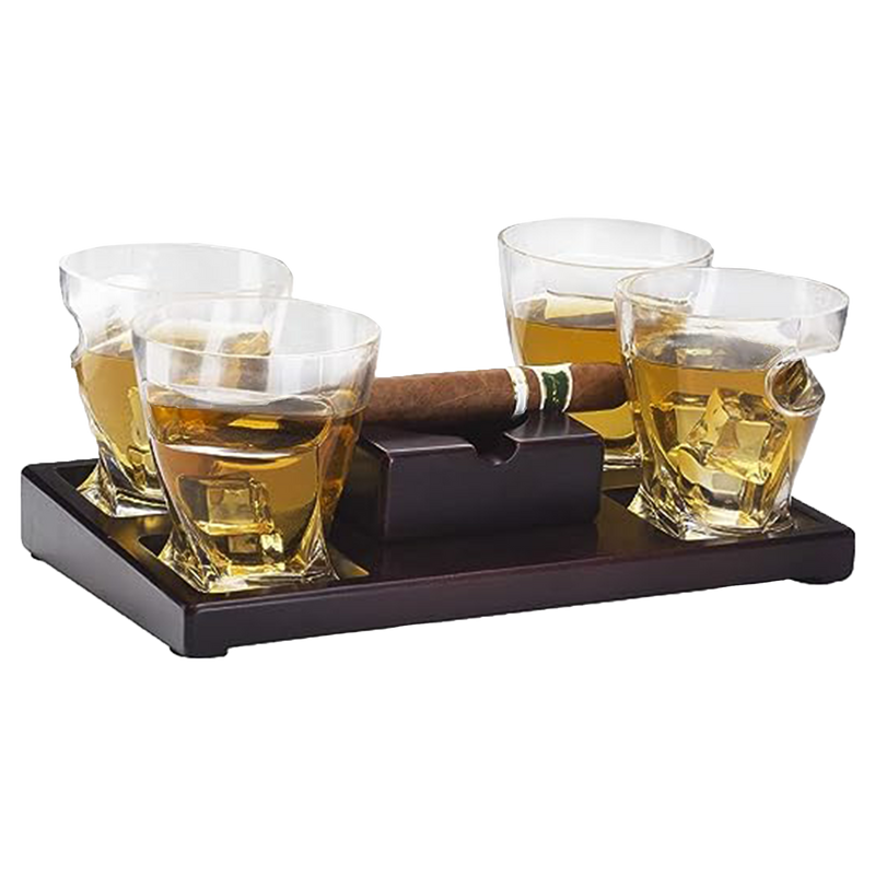 The Wine Savant Cigar Glasses Tray & Ash Tray, 4 Whiskey Cigar Glasses Slot to Hold Cigar, Whiskey Glass Gift Set, Cigar Rest, Accessory Set Gift for Dad, Men Home Office Decor Gifts, Man Cave