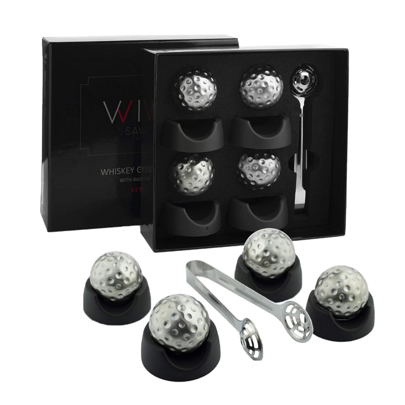 Golf Ball Shaped Stainless Steel Whiskey Stones, Whiskey Rocks, by The Wine Savant Great for Parties or for Bar Use, 4 Stones Rocks Cubes for Whiskey, Bourbon Vodka, Scotch, Metal Chillers Golf Gift