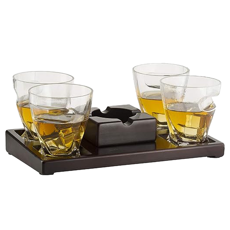 The Wine Savant Cigar Glasses Tray & Ash Tray, 4 Whiskey Cigar Glasses Slot to Hold Cigar, Whiskey Glass Gift Set, Cigar Rest, Accessory Set Gift for Dad, Men Home Office Decor Gifts, Man Cave