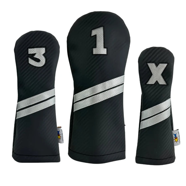 Sunfish: DuraLeather Headcovers Set - Carbon Fiber with Silver Stripes