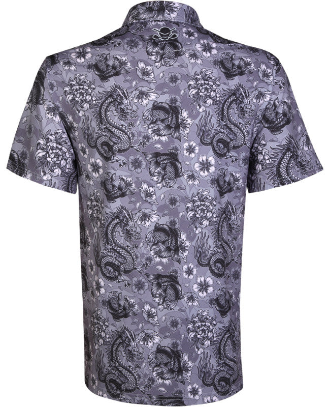 Tattoo Golf: Men's Dragon vs Koi Cool-Stretch Golf Shirt - Grey