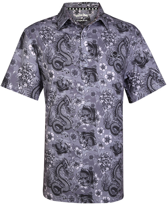 Tattoo Golf: Men's Dragon vs Koi Cool-Stretch Golf Shirt - Grey