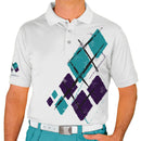 Golf Knickers: Mens Argyle Utopia Golf Shirt - 6J: White/Purple/Teal Clothing