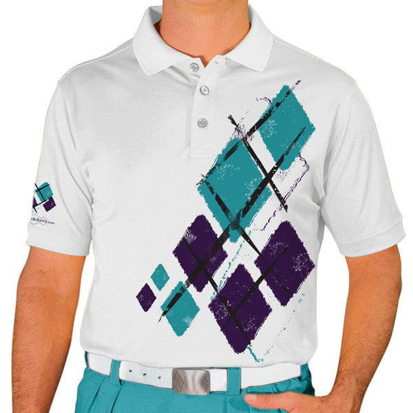 Golf Knickers: Mens Argyle Utopia Golf Shirt - 6J: White/Purple/Teal