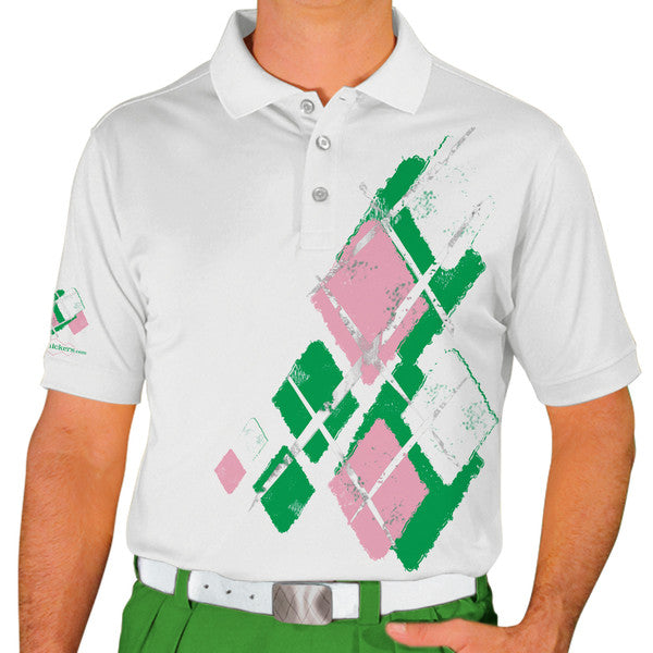 Golf Knickers: Mens Argyle Utopia Golf Shirt - NNN: Lime/Pink/White