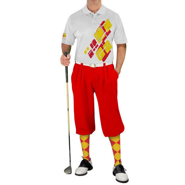 Golf Knickers: Mens Argyle Utopia Golf Shirt - VV: Red/Yellow