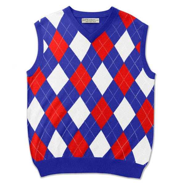 Golf Knickers: Men's Argyle Sweater Vest - Royal/Red/White