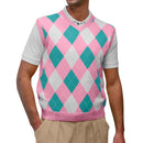 Golf Knickers: Men's Argyle Sweater Vest - Pink/White/Teal Clothing