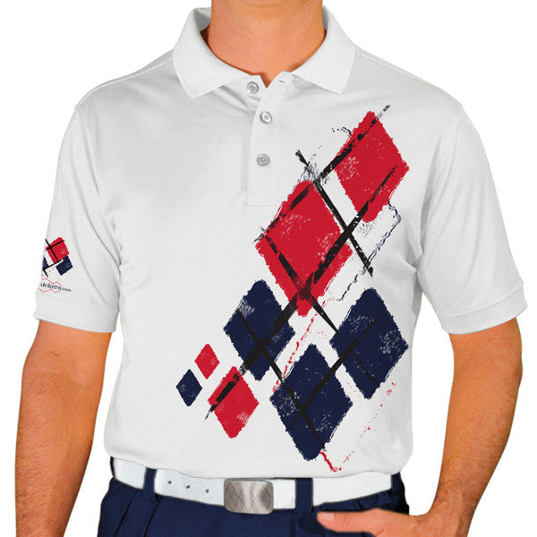 Golf Knickers: Mens Argyle Utopia Golf Shirt - E: White/Navy/Red