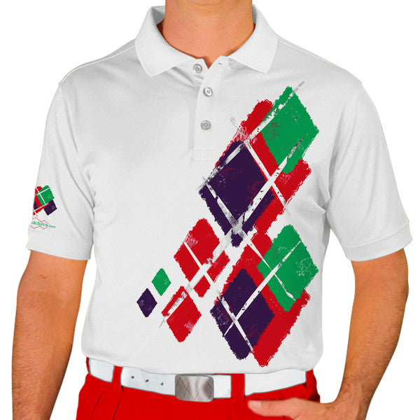 Golf Knickers: Mens Argyle Utopia Golf Shirt - 5C: Red/Purple/Lime