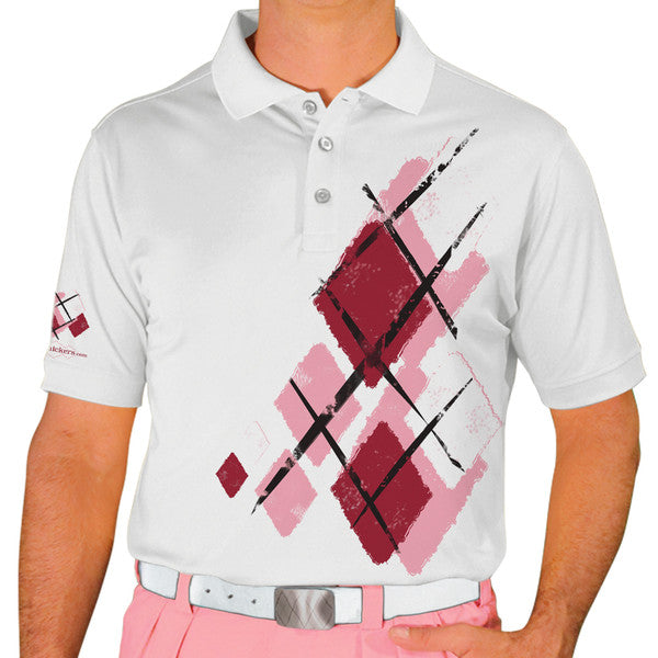 Golf Knickers: Mens Argyle Utopia Golf Shirt - VVV: Pink/Maroon/White