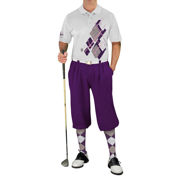 Golf Knickers: Mens Argyle Utopia Golf Shirt - ZZZ: Purple/Taupe/White