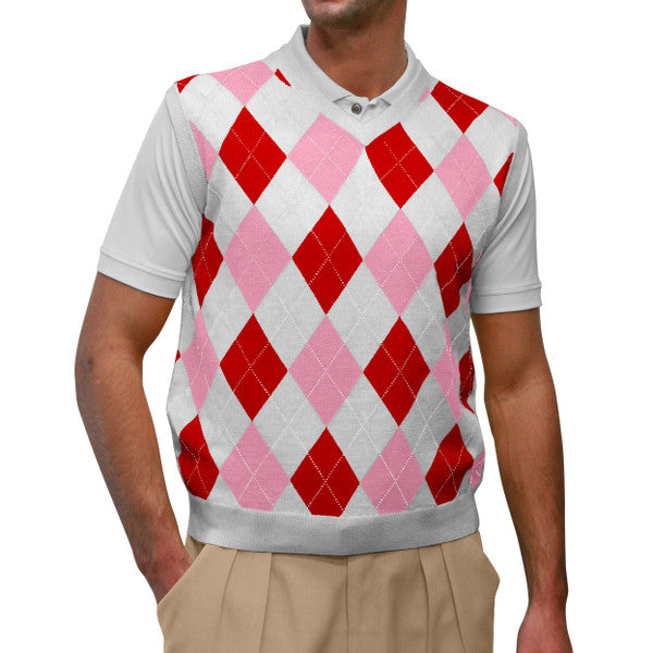 Golf Knickers: Men's Argyle Sweater Vest - White/Pink/Red