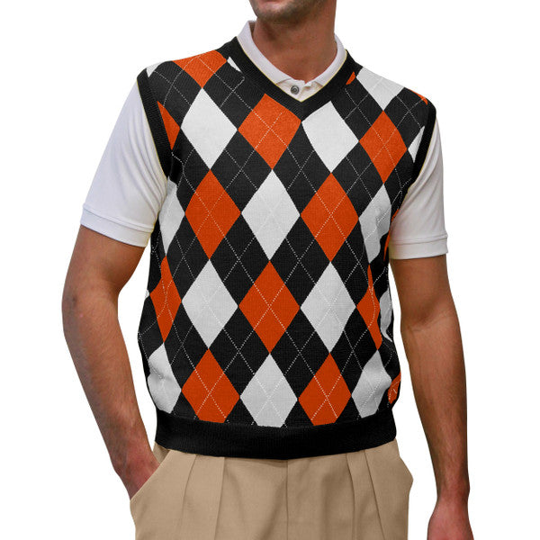 Golf Knickers: Men's Argyle Sweater Vest - Black/Orange/White
