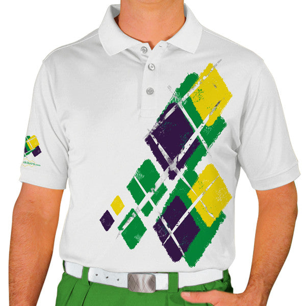 Golf Knickers: Mens Argyle Utopia Golf Shirt - 5E: Lime/Purple/Yellow