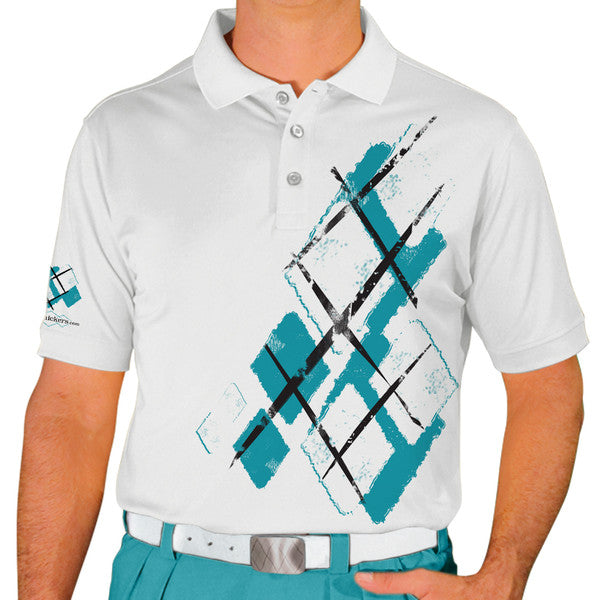 Golf Knickers: Mens Argyle Utopia Golf Shirt - 6O: Teal/White