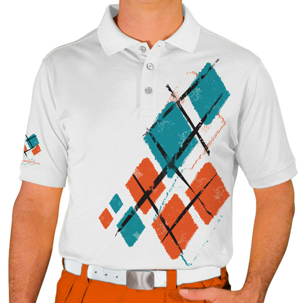 Golf Knickers: Mens Argyle Utopia Golf Shirt - 5V: Orange/White/Teal