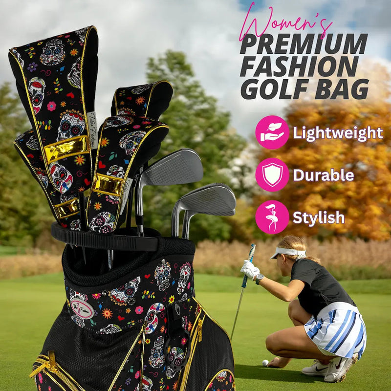 Taboo Fashions: Ladies 14 Way Designer Women's Golf Cart Bag with Cooler - Sugar Skulls