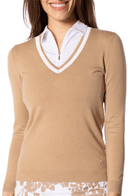Golftini: Women's Long Sleeve V-Neck Sweater - Camel/White