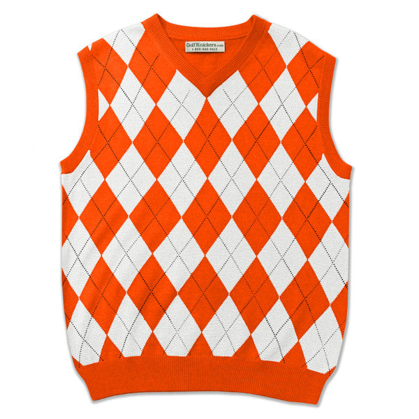 Golf Knickers: Men's Argyle Sweater Vest - Orange/White