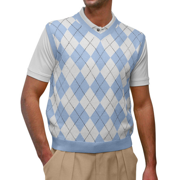 Golf Knickers: Men's Argyle Sweater Vest - Lt Blue/White