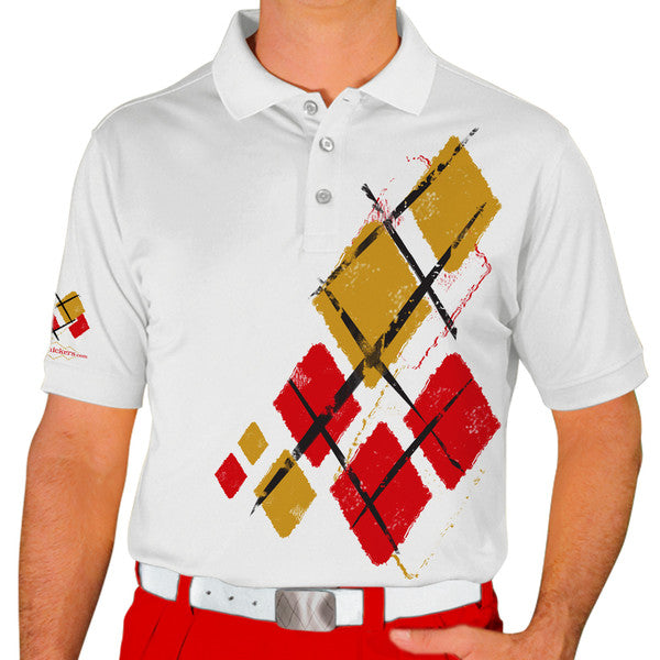 Golf Knickers: Mens Argyle Utopia Golf Shirt - 5W: White/Gold/Red