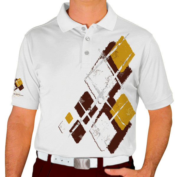 Golf Knickers: Mens Argyle Utopia Golf Shirt - EEEE: Brown/Gold/White