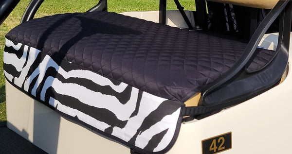 GolfChic: Golf Cart Seat Cover - Black Quilted with B&W Zebra Trim & Black Binding