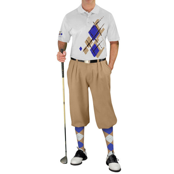 Golf Knickers: Mens Argyle Utopia Golf Shirt - WWWW: Khaki/Royal/White