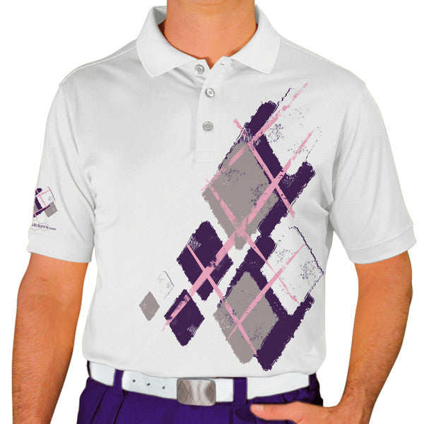 Golf Knickers: Mens Argyle Utopia Golf Shirt - ZZZ: Purple/Taupe/White