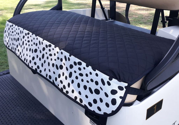 GolfChic: Golf Cart Seat Cover - Black Quilt with B&W TOGO Outdoor Print Fabric Trim