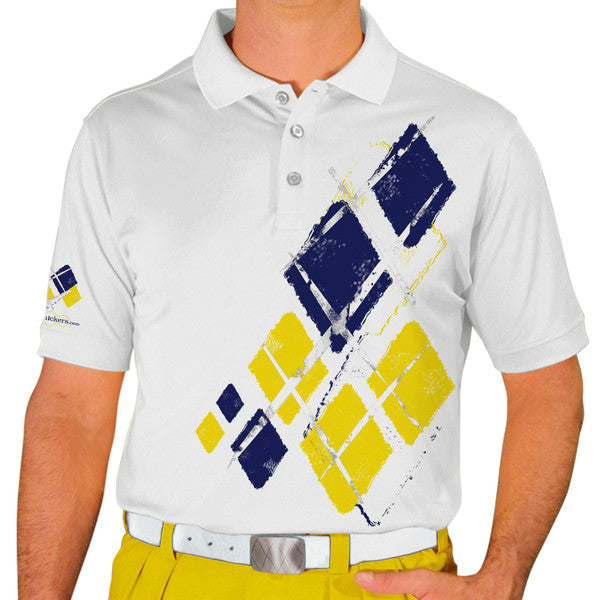 Golf Knickers: Mens Argyle Utopia Golf Shirt - 5O: White/Yellow/Navy Clothing