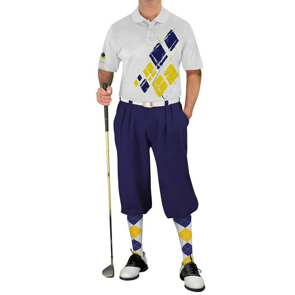 Golf Knickers: Mens Argyle Utopia Golf Shirt - 5O: White/Yellow/Navy Clothing