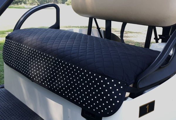 GolfChic: Golf Cart Seat Cover -Black Quilted with B&W Polka Dot Outdoor Treated Trim