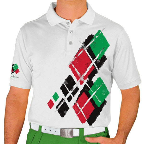 Golf Knickers: Mens Argyle Utopia Golf Shirt - G: Black/Red/Lime