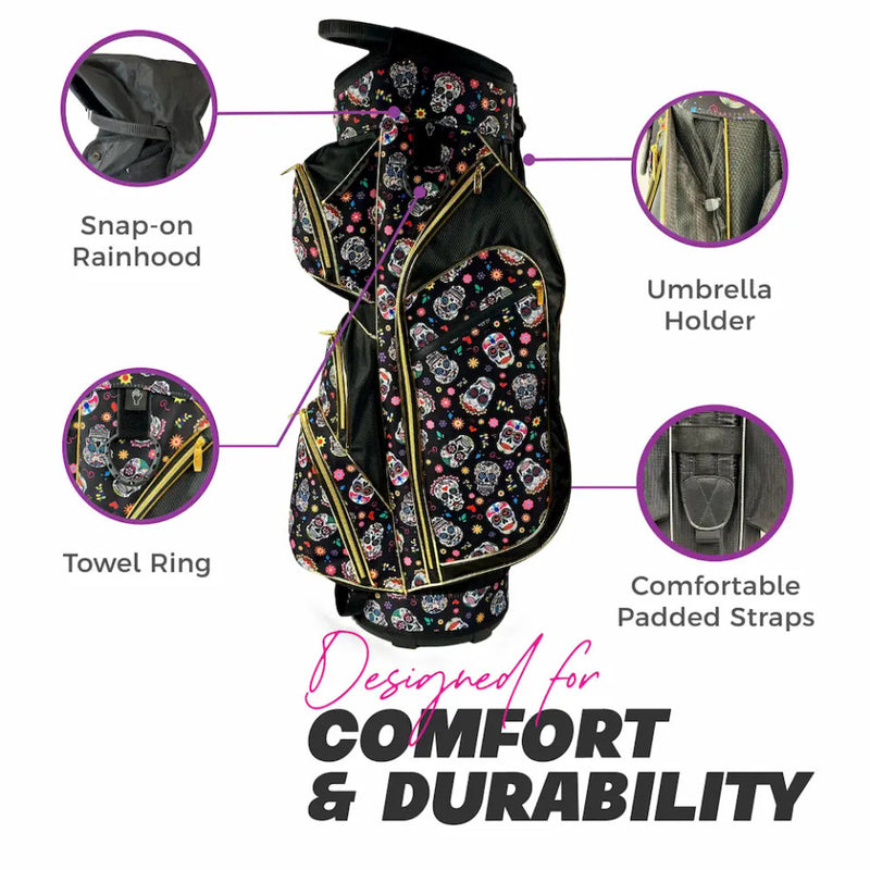 Taboo Fashions: Ladies 14 Way Designer Women's Golf Cart Bag with Cooler - Sugar Skulls