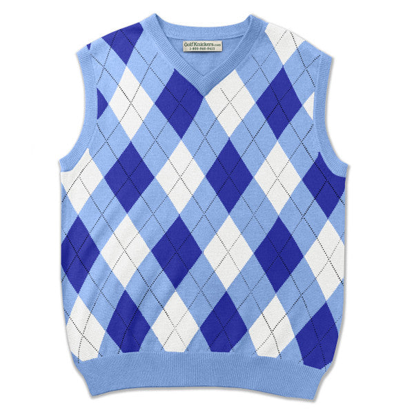 Golf Knickers: Men's Argyle Sweater Vest - Lt. Blue/Royal/White