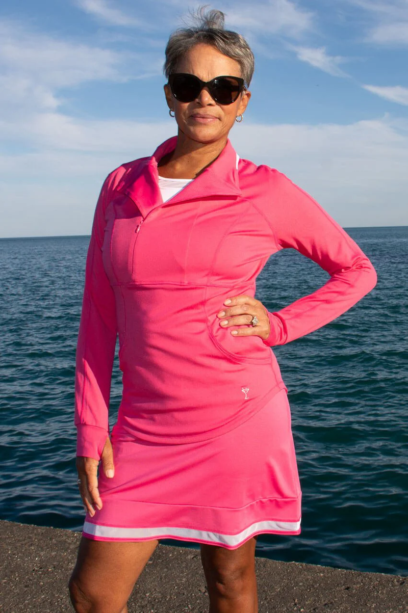 Golftini: Women's Contrast Quarter Zip Pullover - Hot Pink Clothing