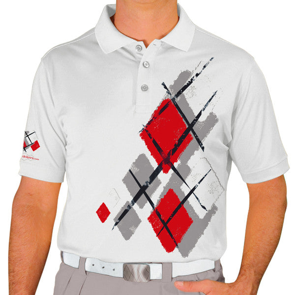 Golf Knickers: Mens Argyle Utopia Golf Shirt - 5T: Taupe/Red/White