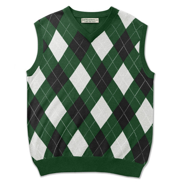 Golf Knickers: Men's Argyle Sweater Vest - Dark Green/Black/White