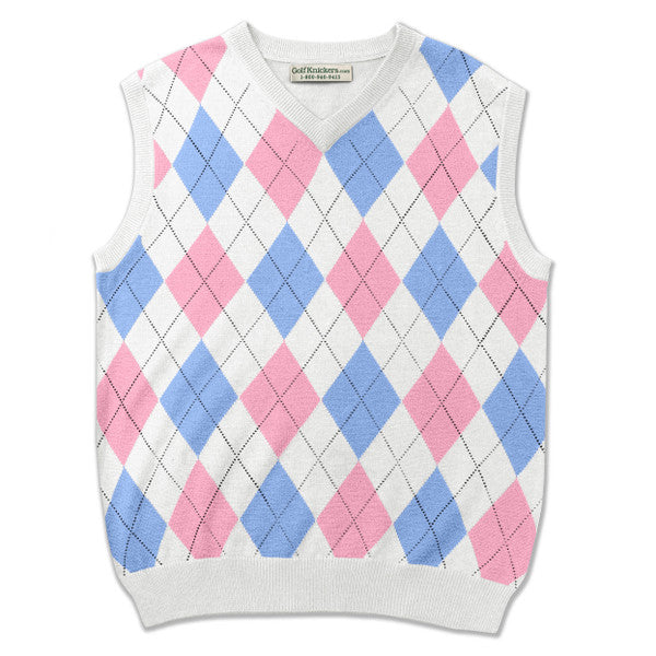 Golf Knickers: Men's Argyle Sweater Vest - White/Pink/Lt. Blue