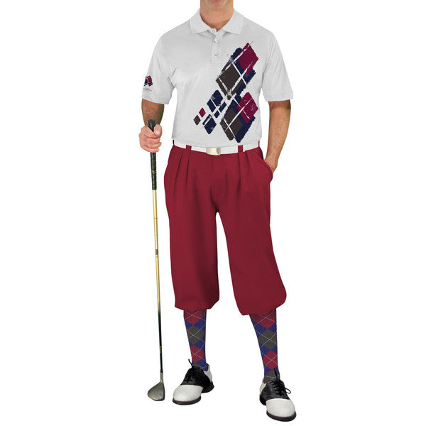 Golf Knickers: Mens Argyle Utopia Golf Shirt - Q: Navy/Maroon/Charcoal