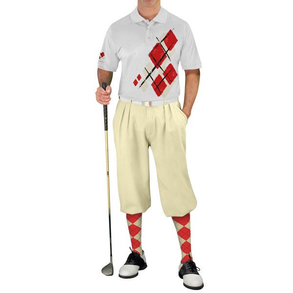 Golf Knickers: Mens Argyle Utopia Golf Shirt - DDD: Natural/Red