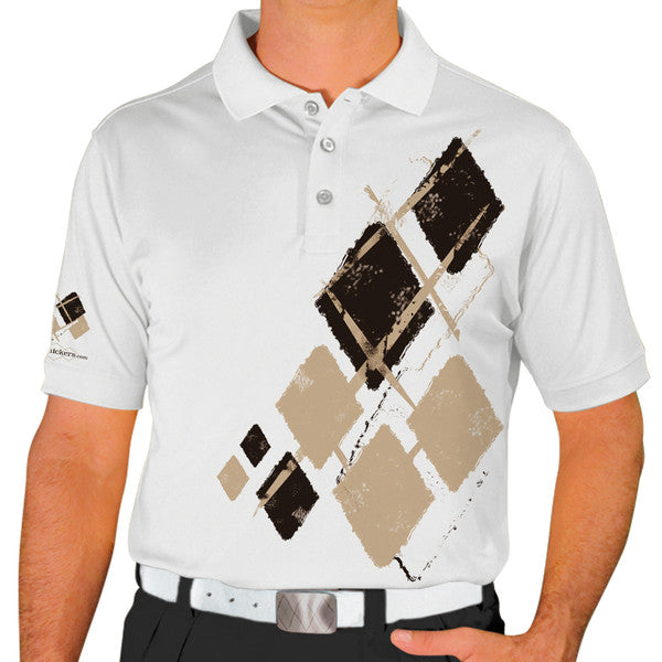 Golf Knickers: Mens Argyle Utopia Golf Shirt - YYY: White/Black/Khaki