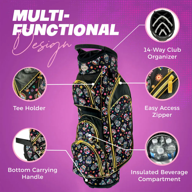 Taboo Fashions: Ladies 14 Way Designer Women's Golf Cart Bag with Cooler - Sugar Skulls